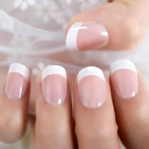 Natural Glossy Nude Pink White Press on French False Nails Nude Pink with white