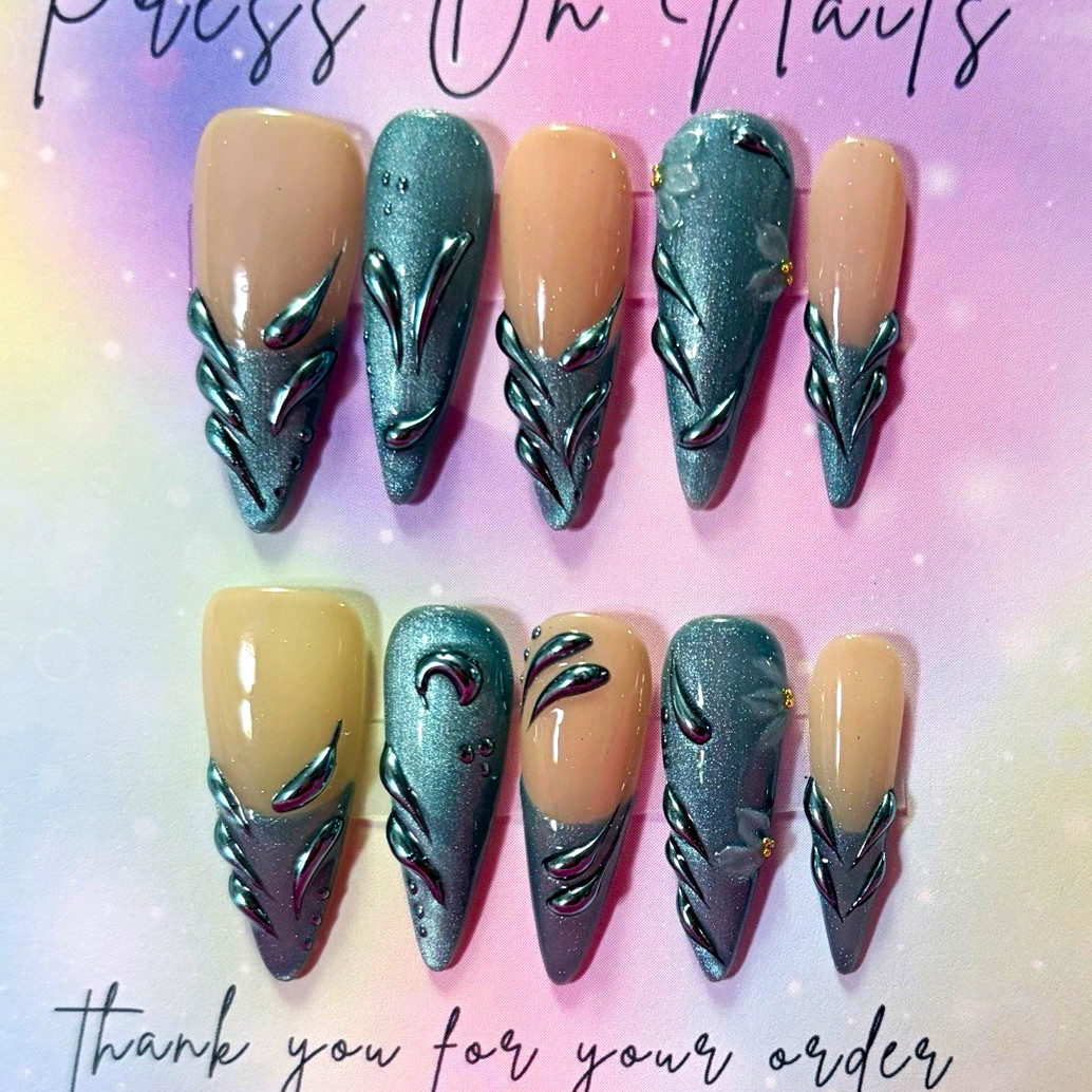 Handmade Beige/Blue 3D Abstract Almond Press-On Nails Set, Medium, Full Cover