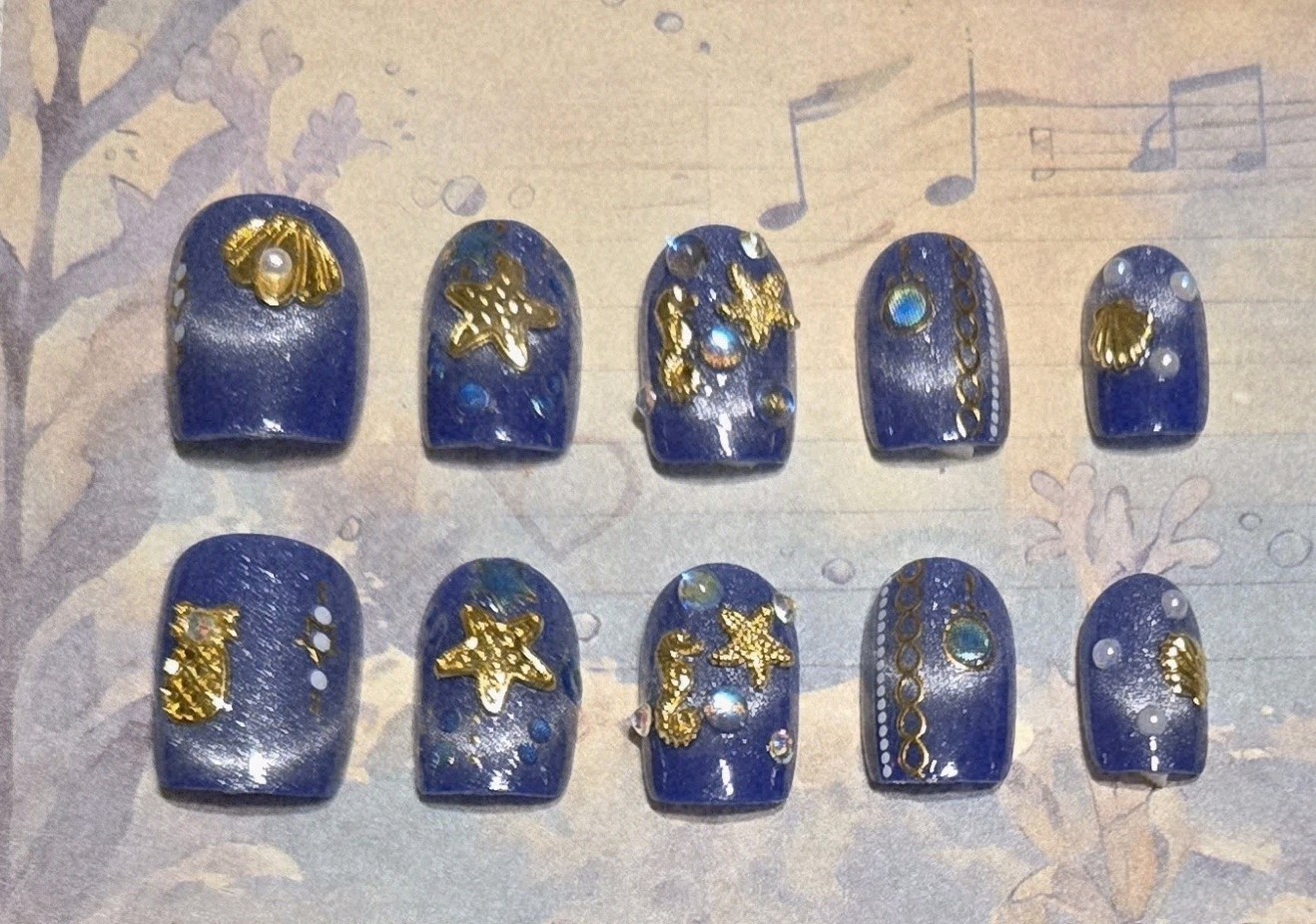 Blue Gold Beach Press On Nails Seahorse Shells Starfish Pearls Bubbles Decorated