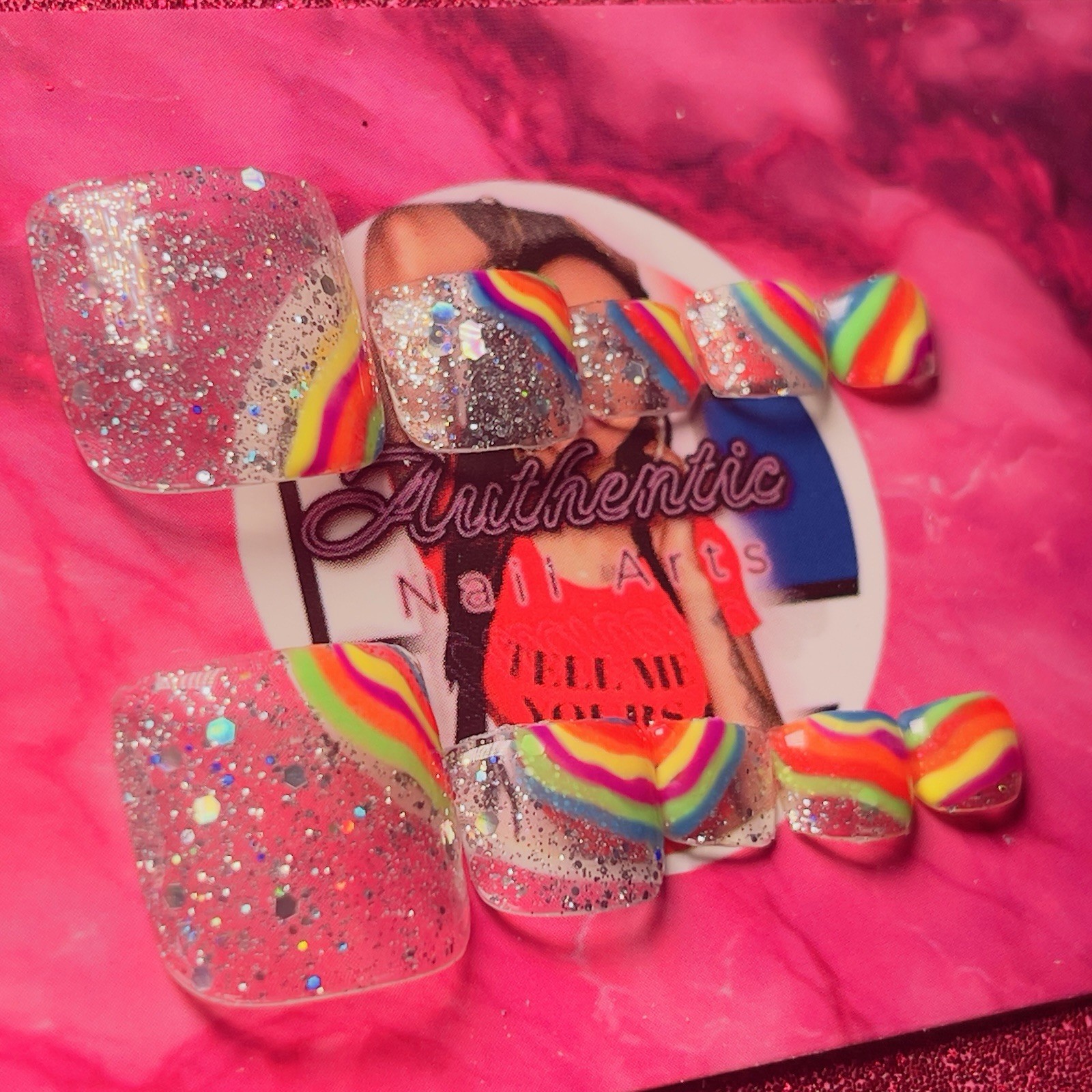 Authentic Nail Arts by Dia Square Press-On Toe Nails Rainbow Glitter Shiny Short
