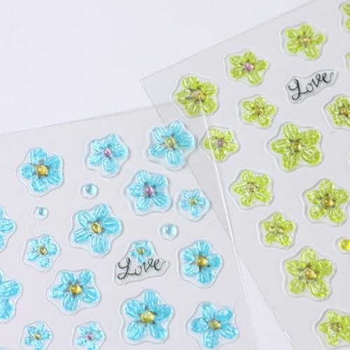 3 Sheets Spring Summer Flowers Nail Art Stickers Blue Green Purple Flowers