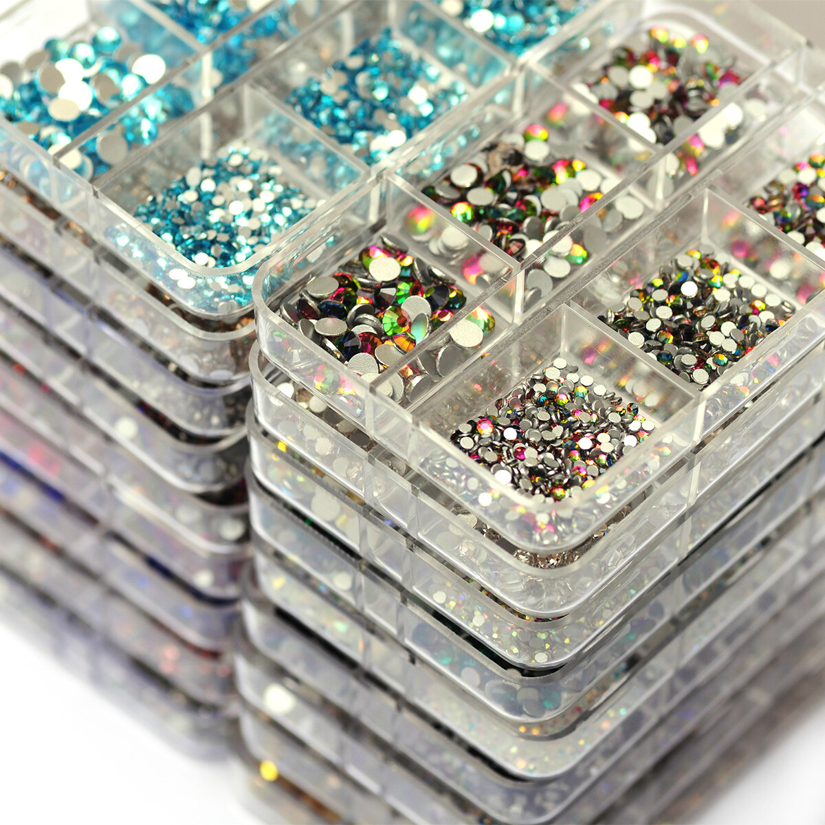 No Hotfix Nail Art Rhinestones 6 Grids SS4-SS16 Flat Back Crystal With tools