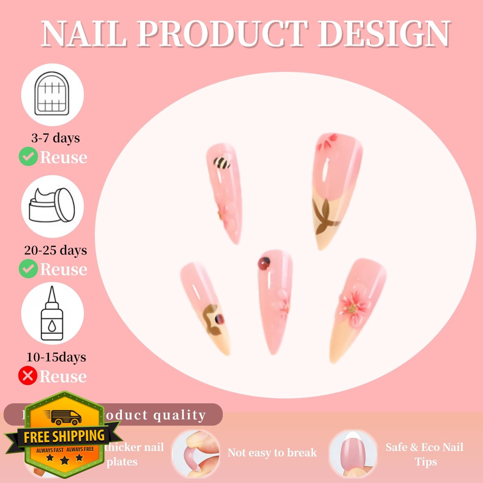 Tephrent Bee Ladybug 24pc Long Almond Nails