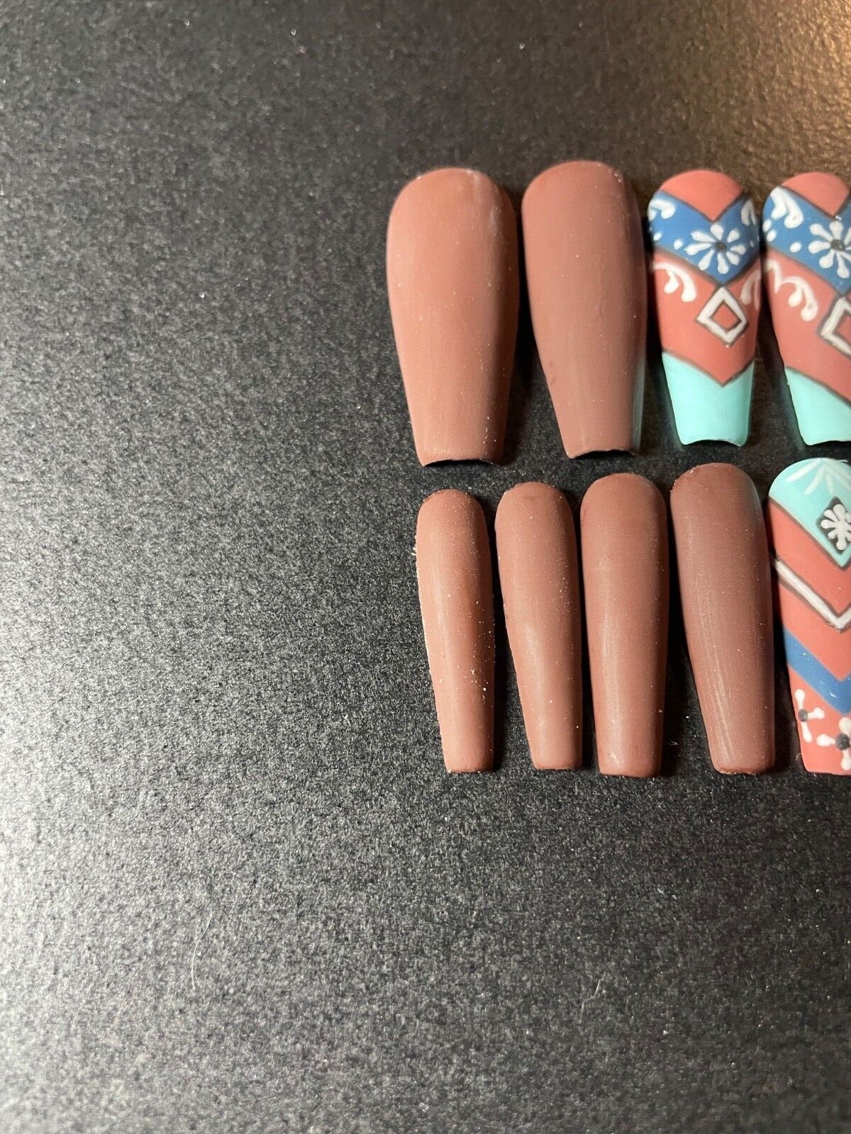 Custom press on nails long 24 matte abstract tribal native brown teal blue white