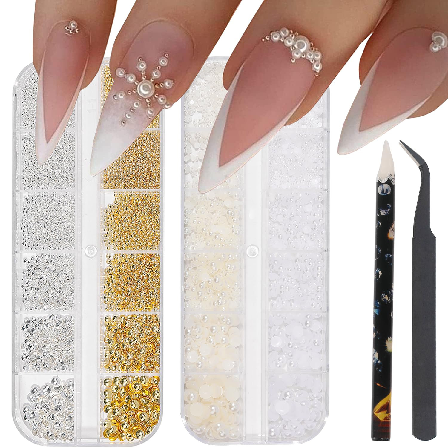 Nail Art Charms – Metal Silver & Gold Beads, Flat Back round Rhinestones, Small