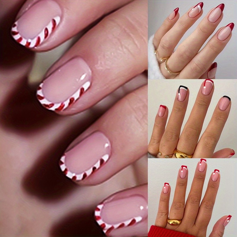 96PCS Christmas Candy Cane Press On Nails Swirl French Tip Festive Fake Nails