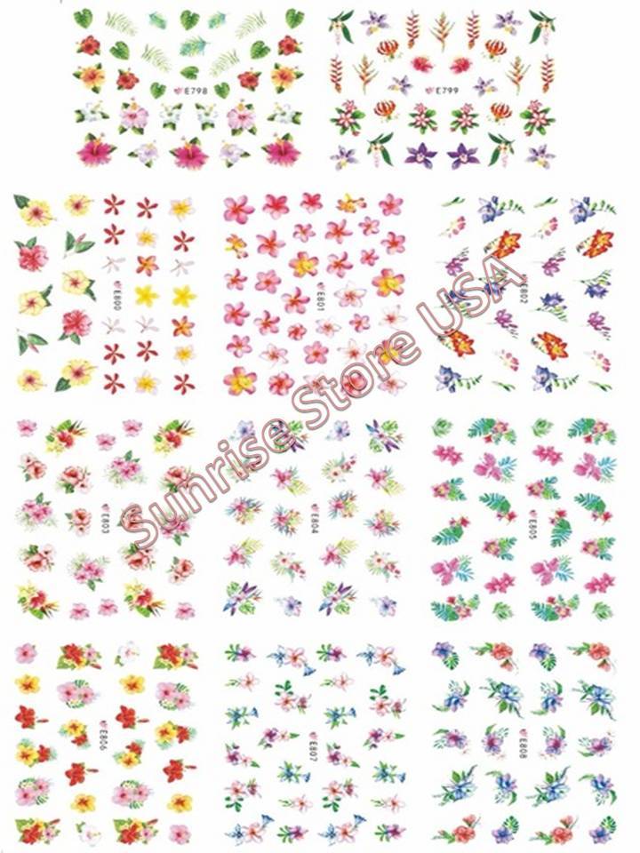 11 Designs 3D Nail Art Sticker Hawaii Flower Leaves Plumeria Decals Manicure DIY
