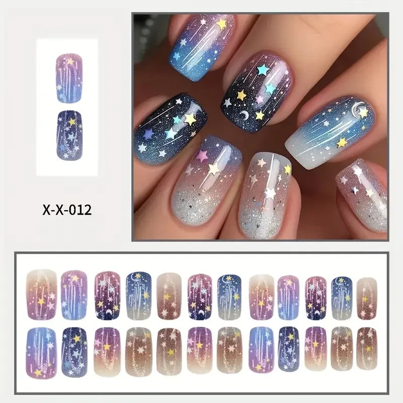 24pcs Square Press-On Nails, Medium Length, Starry Sky Design, Shiny