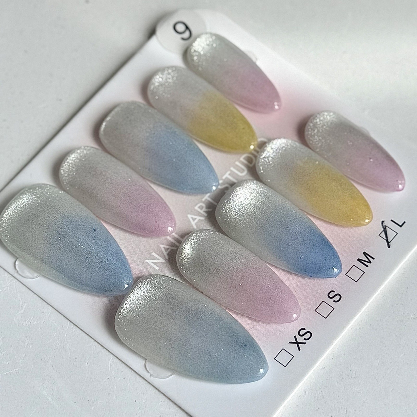 Handmade Rainbow Cat Eyes Press-On Nails Medium Almond Size L Reusable Fake Nail