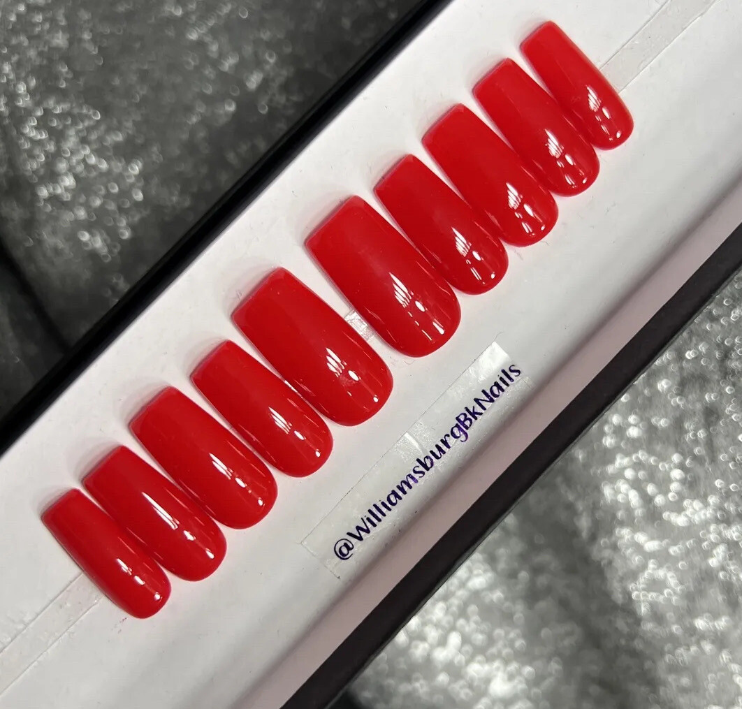 🍎 CUSTOM Gel Press On False Nails, SHINY RED, 10p set M w/ FULL KIT