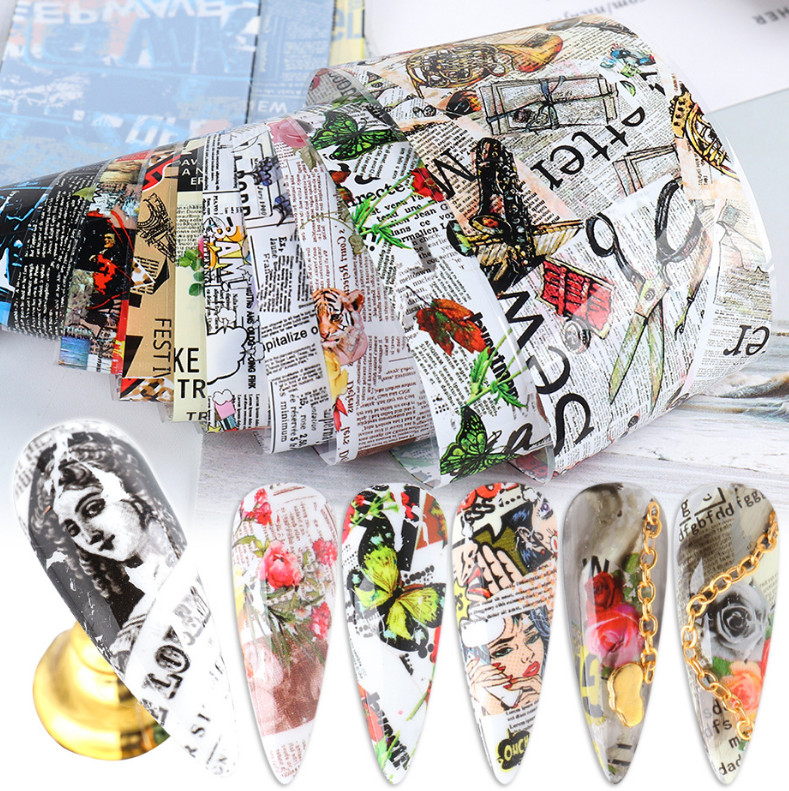 10Pcs Rose Newspaper Magazine Nail Art Transfer Foil Sticker Decal Manicure 5114
