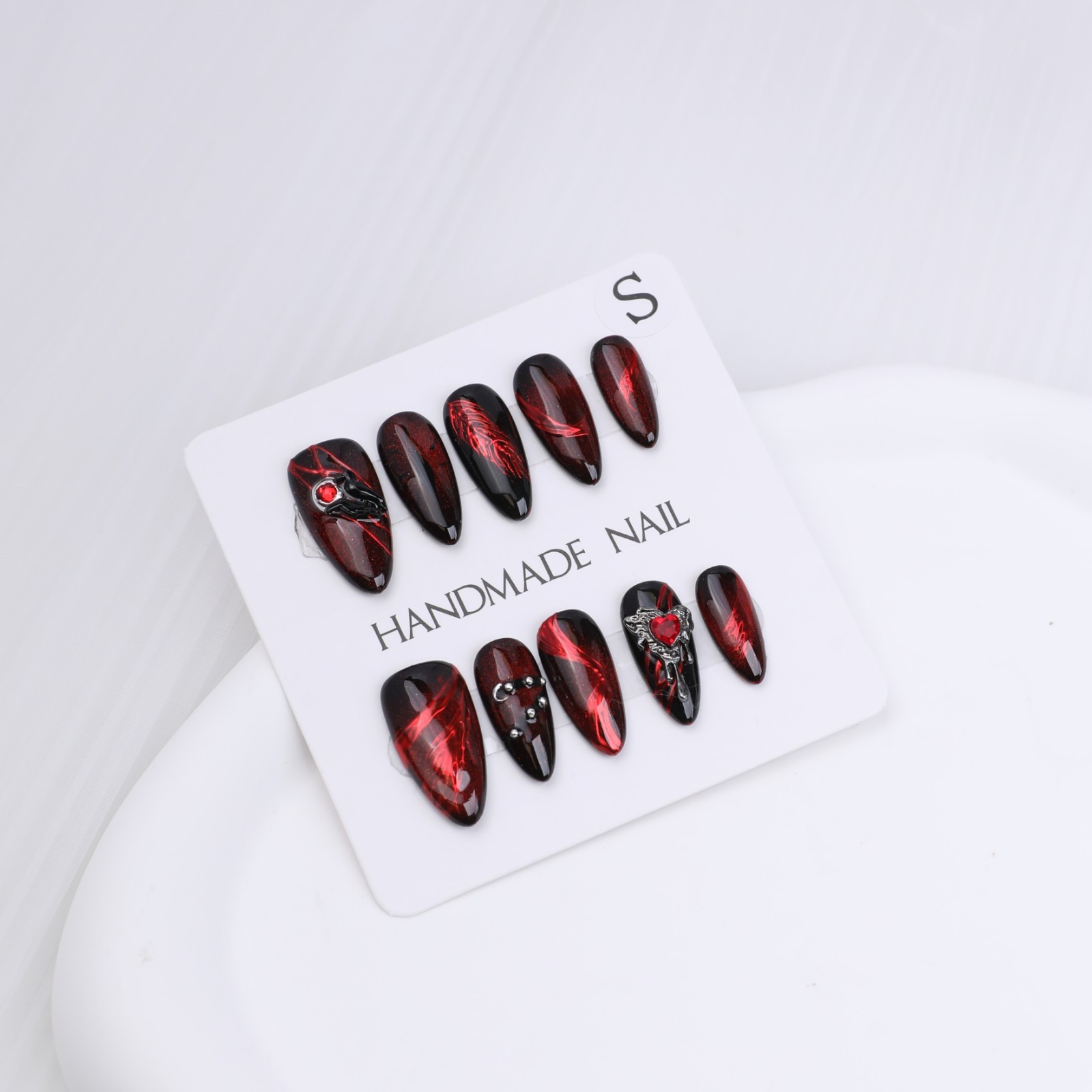Press On Nails Medium Almond Black Red Cat Eye Rhinestone Gothic Halloween Nails