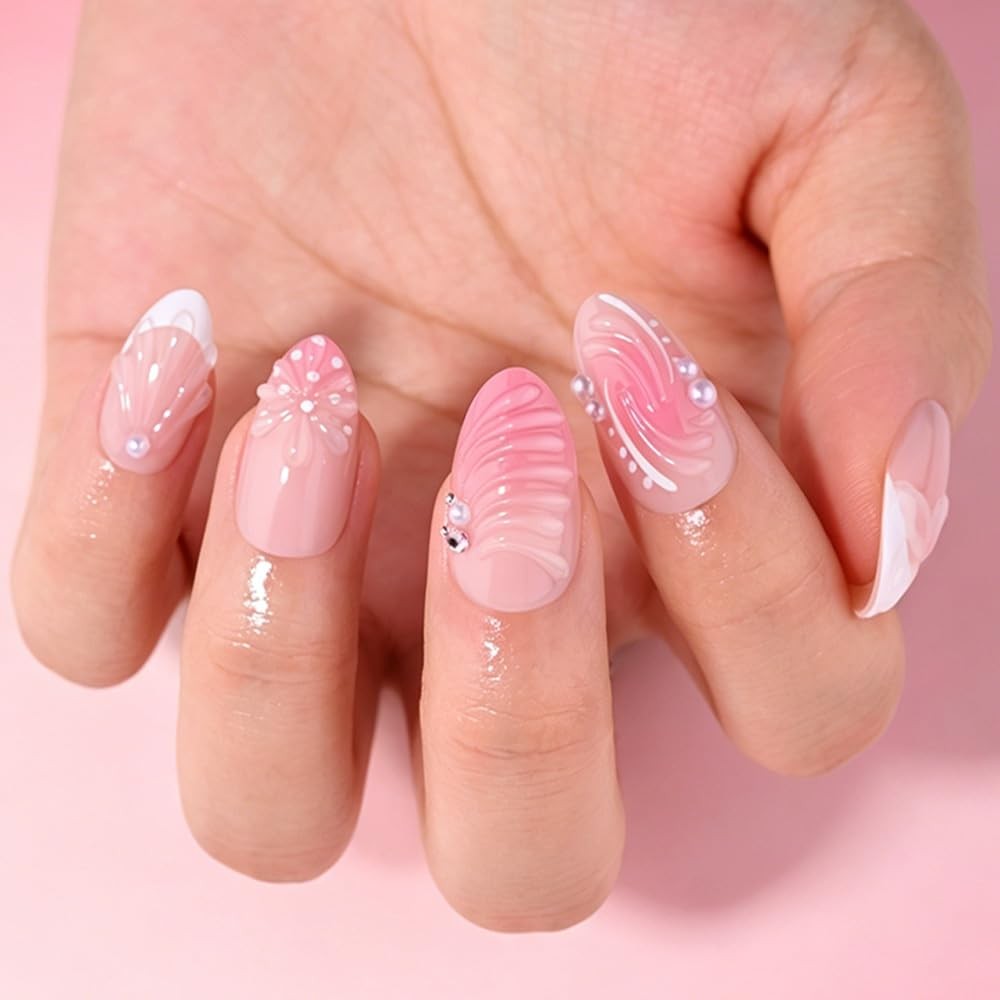 evpct Short Almond Press On Nails Flower Wave
