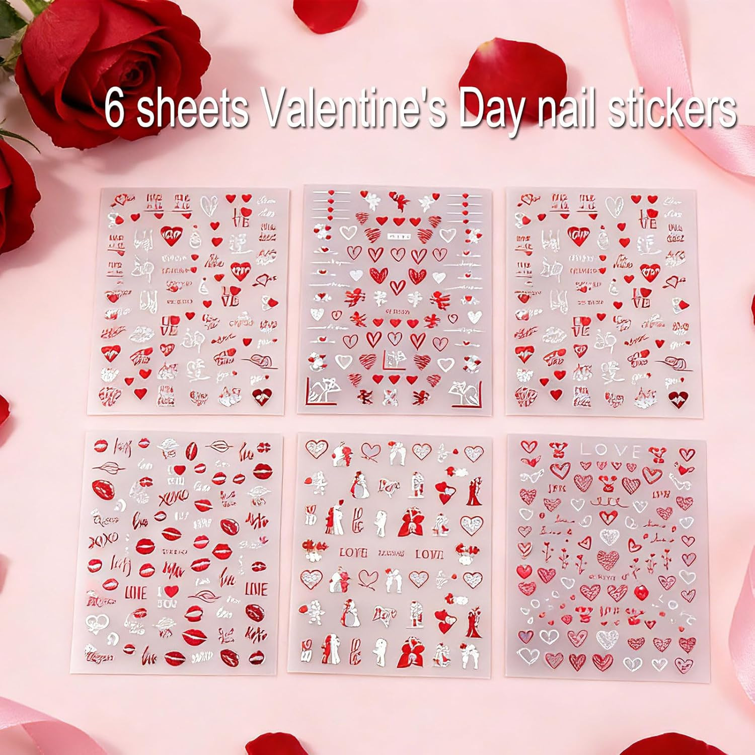6 Sheets Valentine’S Day Nail Stickers, 3D Red & White Heart Nail Art Decals, Gl