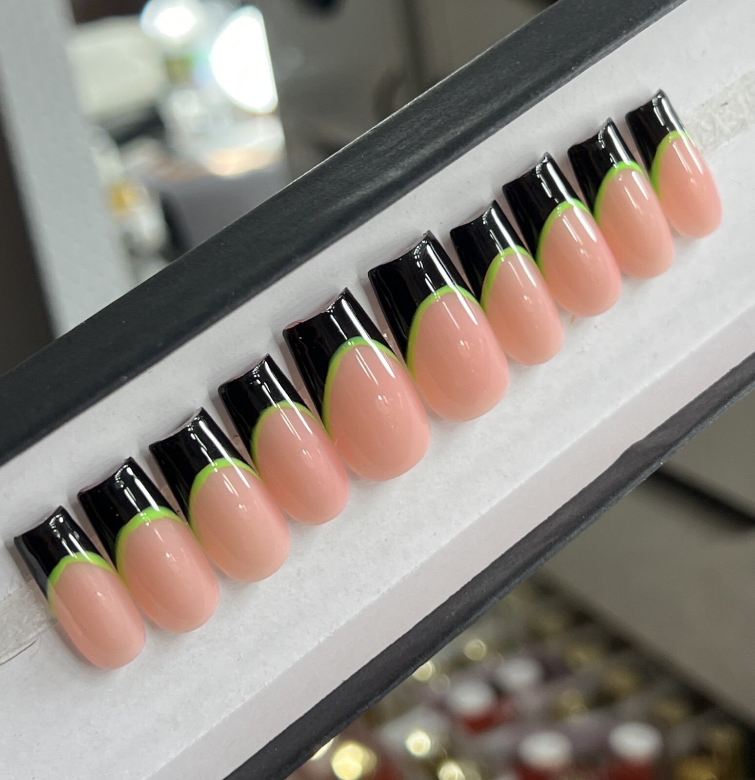 💚🖤 CUSTOM Press On Nails FRENCH BLACK GREEN BLING 10p SET W Kit