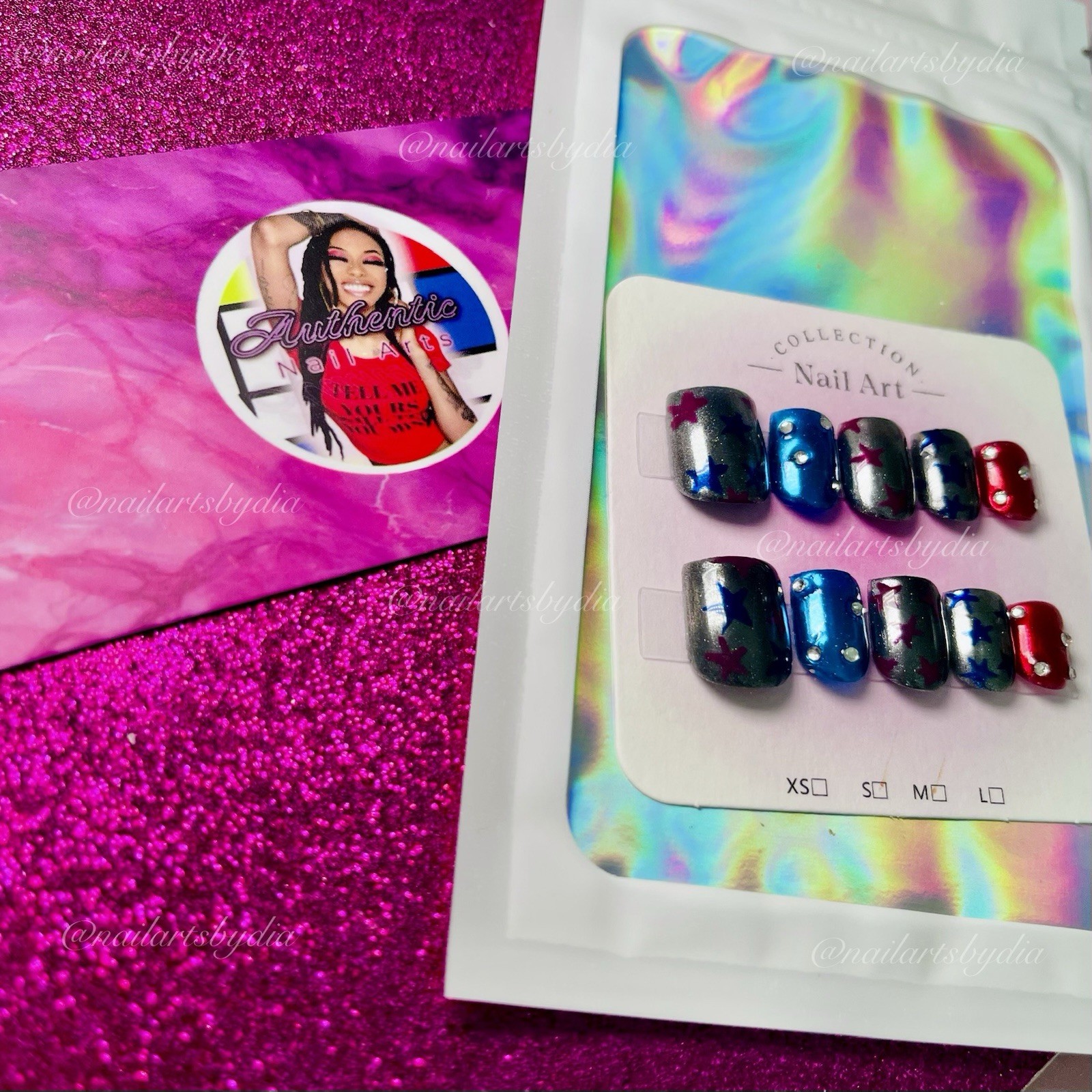 Authentic Nail Arts by Dia Square Press-On Nails Multicolor Star Glitter Short