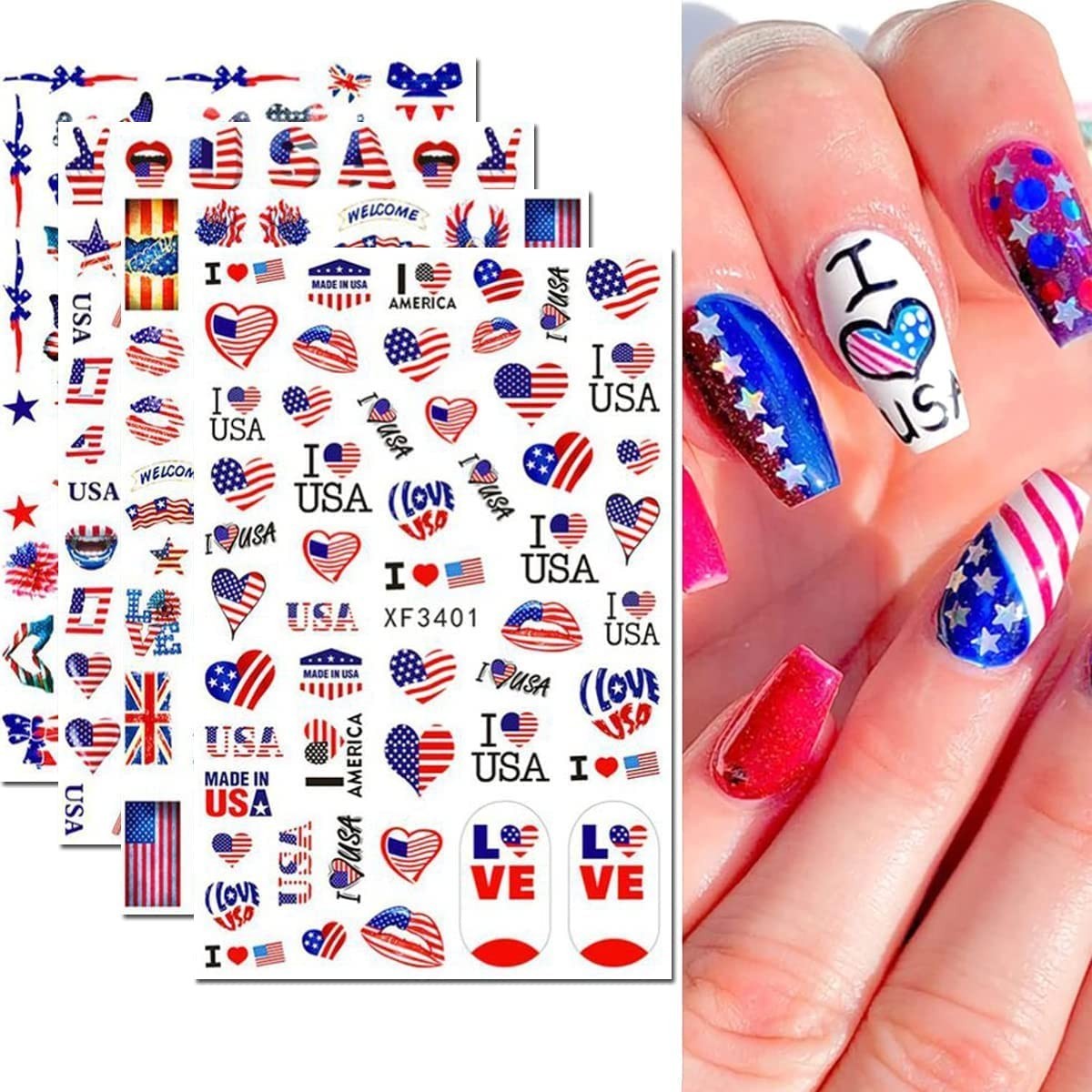 Independence Day Nail Stickers – 8 Sheets 3D Self-Adhesive Decals for Women