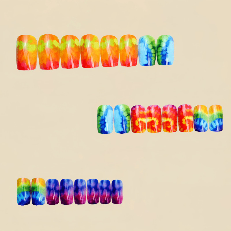 48 Pcs Rainbow Tie Dye Coffin Press on Nails, Bright Trendy Nude Fake Nails