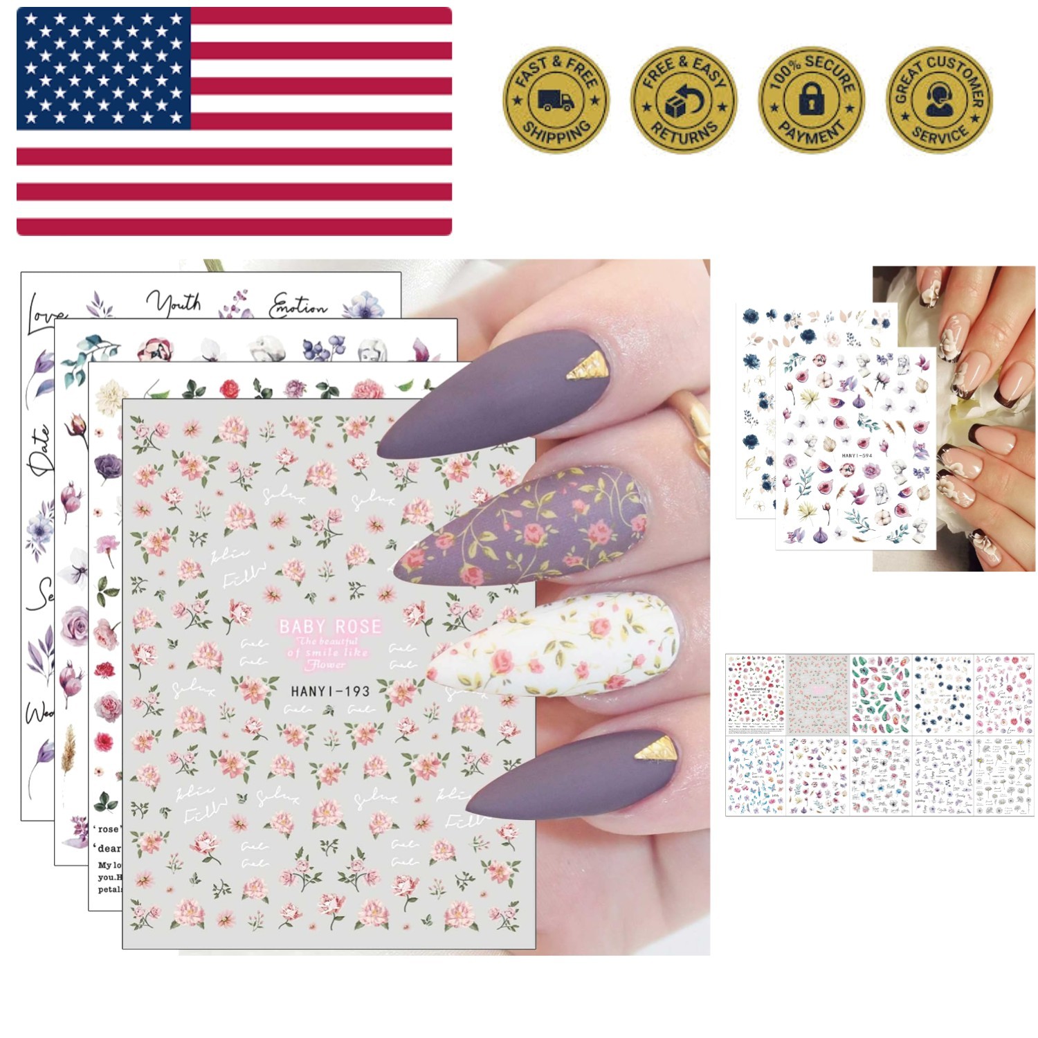 10 Sheets Spring Flower Nail Art Stickers Decals Self-Adhesive Pegatinas Uñas…