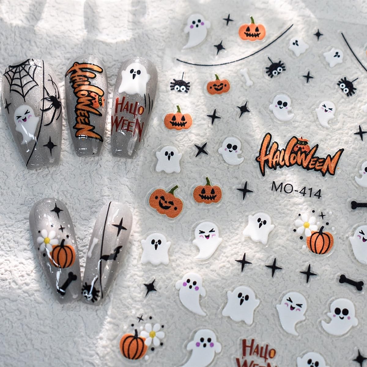6 Sheets Halloween Nail Art Sticker Ghost Nail Decals 3D -Adhesive Spooky Pum…