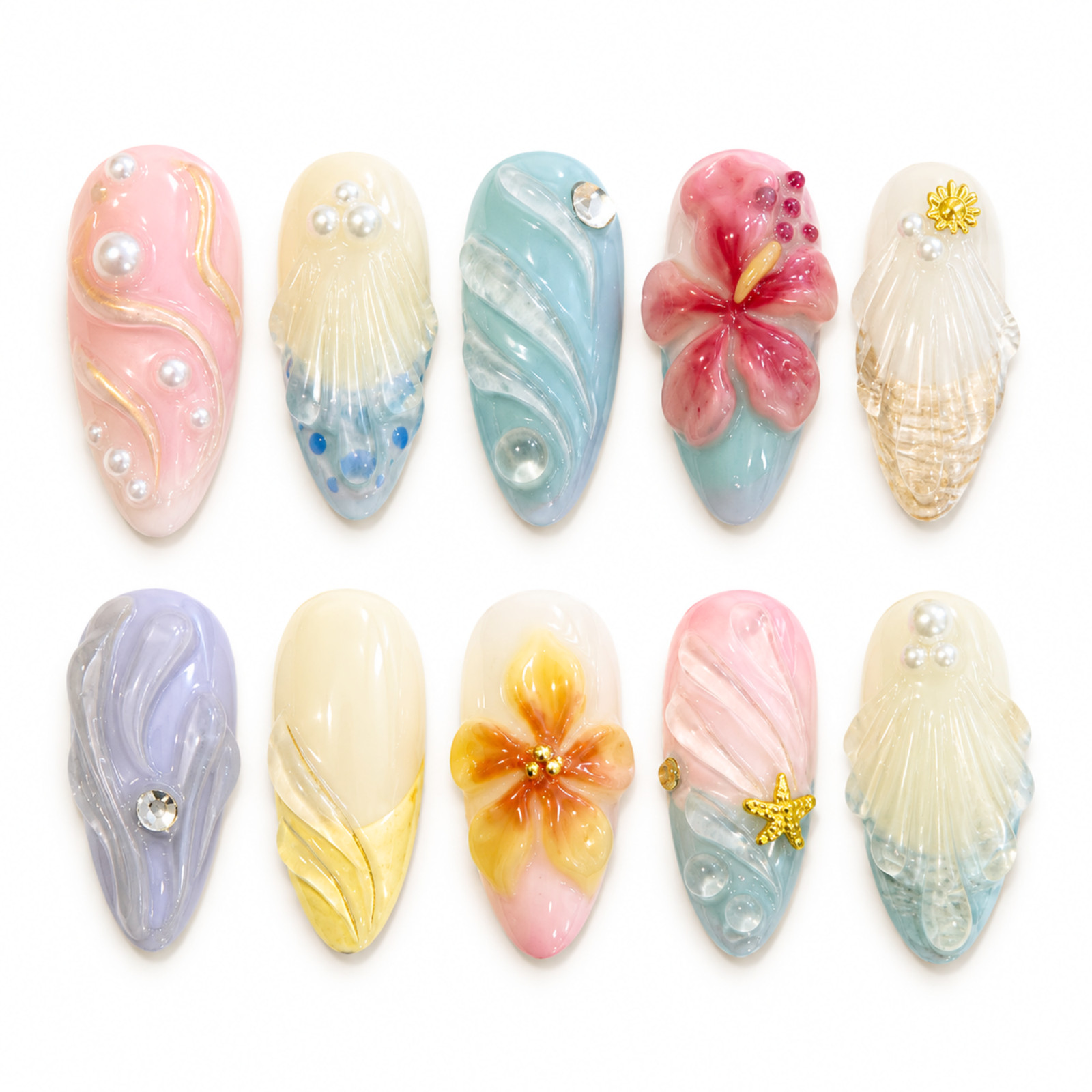 Handmade Pastel Ocean Press On Nails 3D Floral Pearl Seashell Set