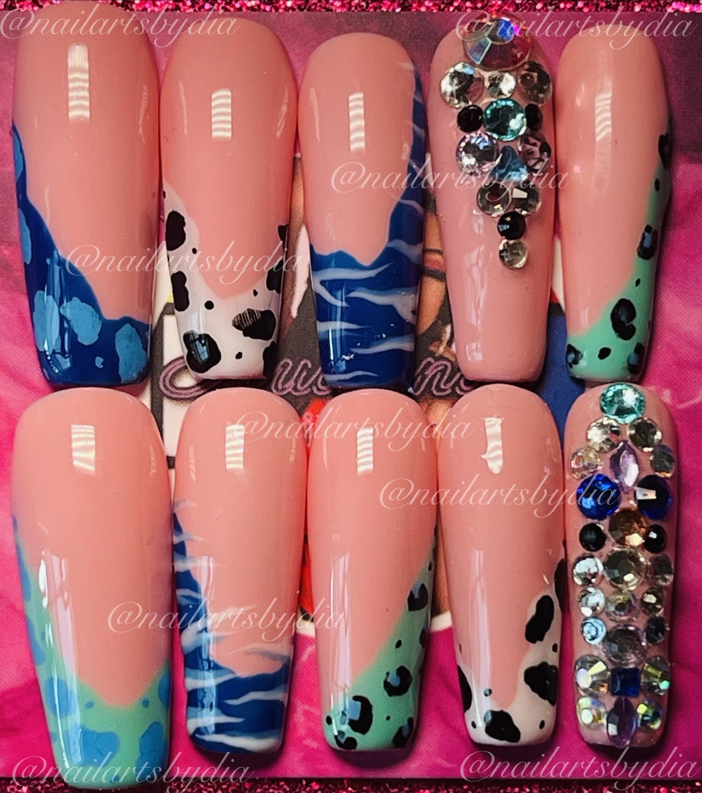 Square Press-On Nails Nude Blue Green Animal Print Full Cover Shiny Long