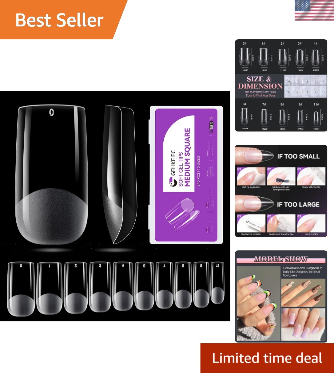 Quick-Curing Soft Gel Nail Extensions Kit – 240 Full Cover Tips in 10 Sizes