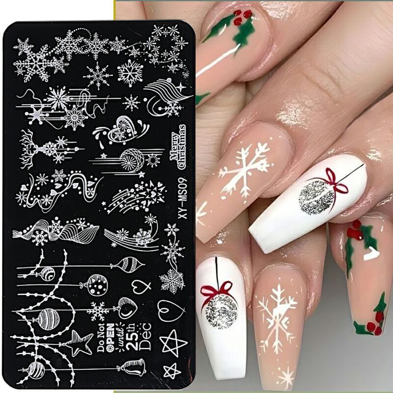 Snow Christmas Metal Nail Stamping Plates Reindeer Ornament Tree Decal Lines