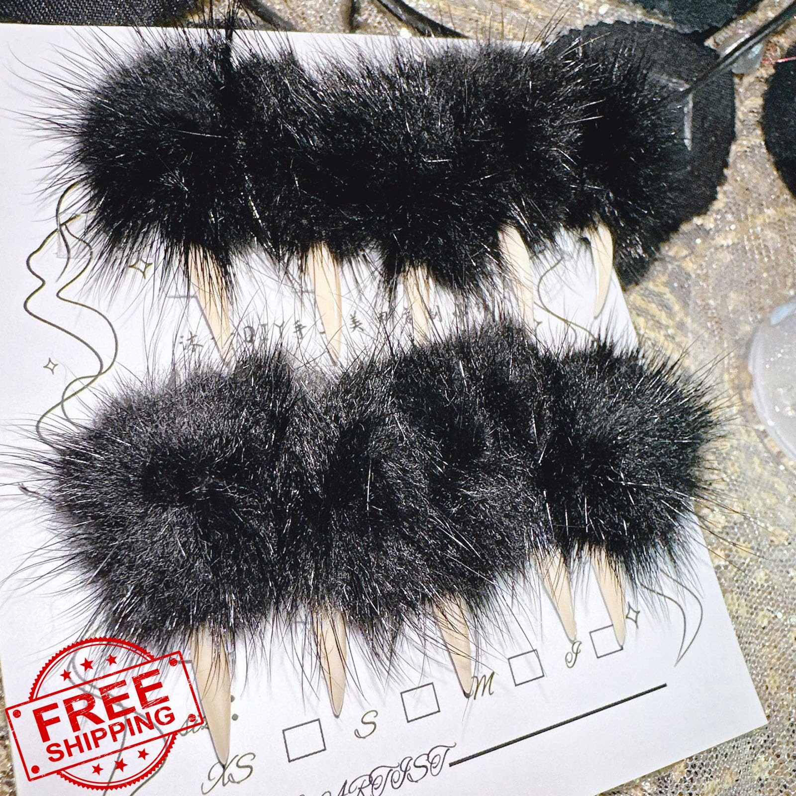Stiletto Eagle Claw Press On Nails Black Fur Dragon Cat Claw M
