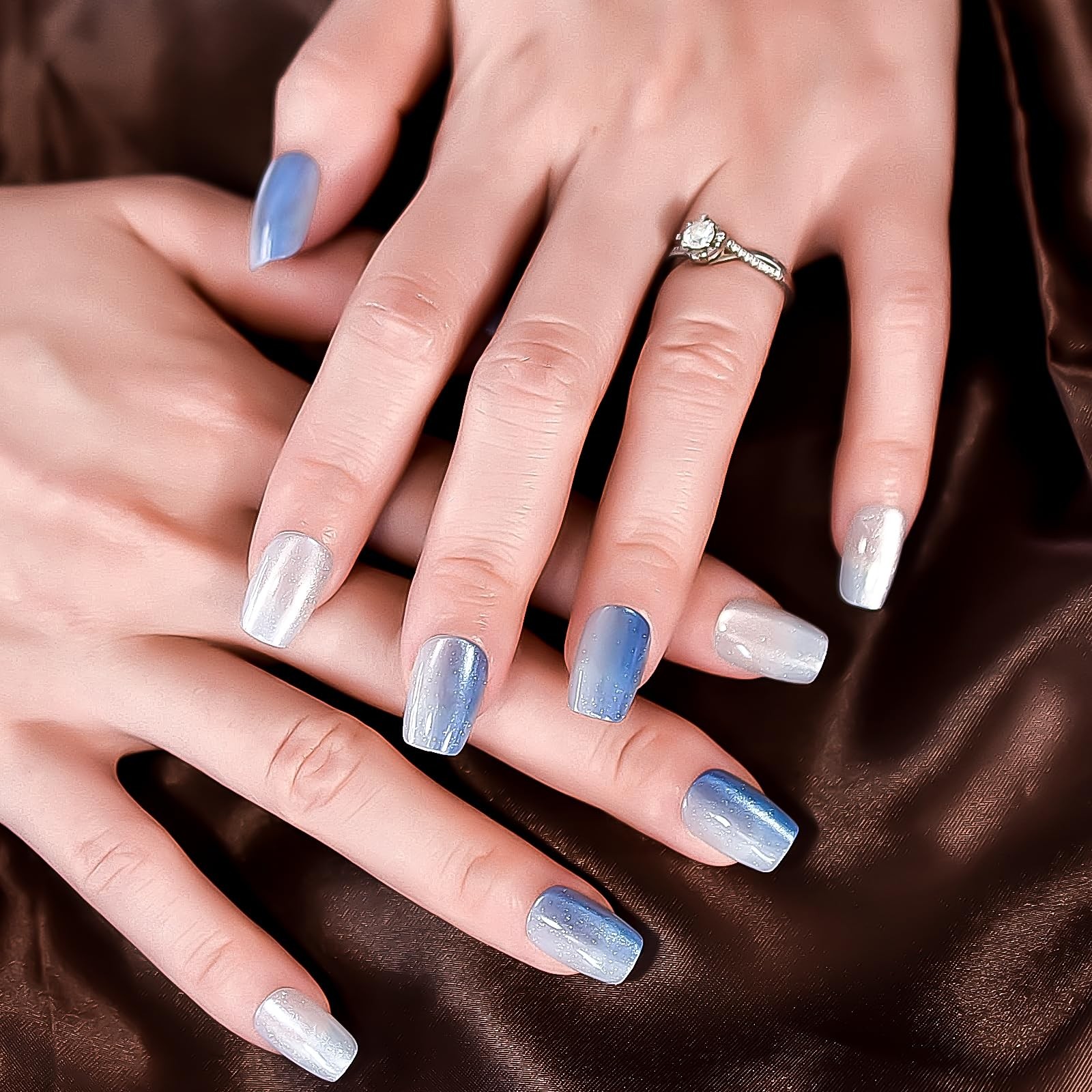 30pcs Glossy Ombre Blue Press On Nails Cat Eye Salon Manicure Medium Coffin S…