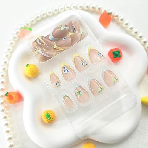 Almond Press on Nails – Short Fake Nails – Yellow Light Blue – French Tip Fruits