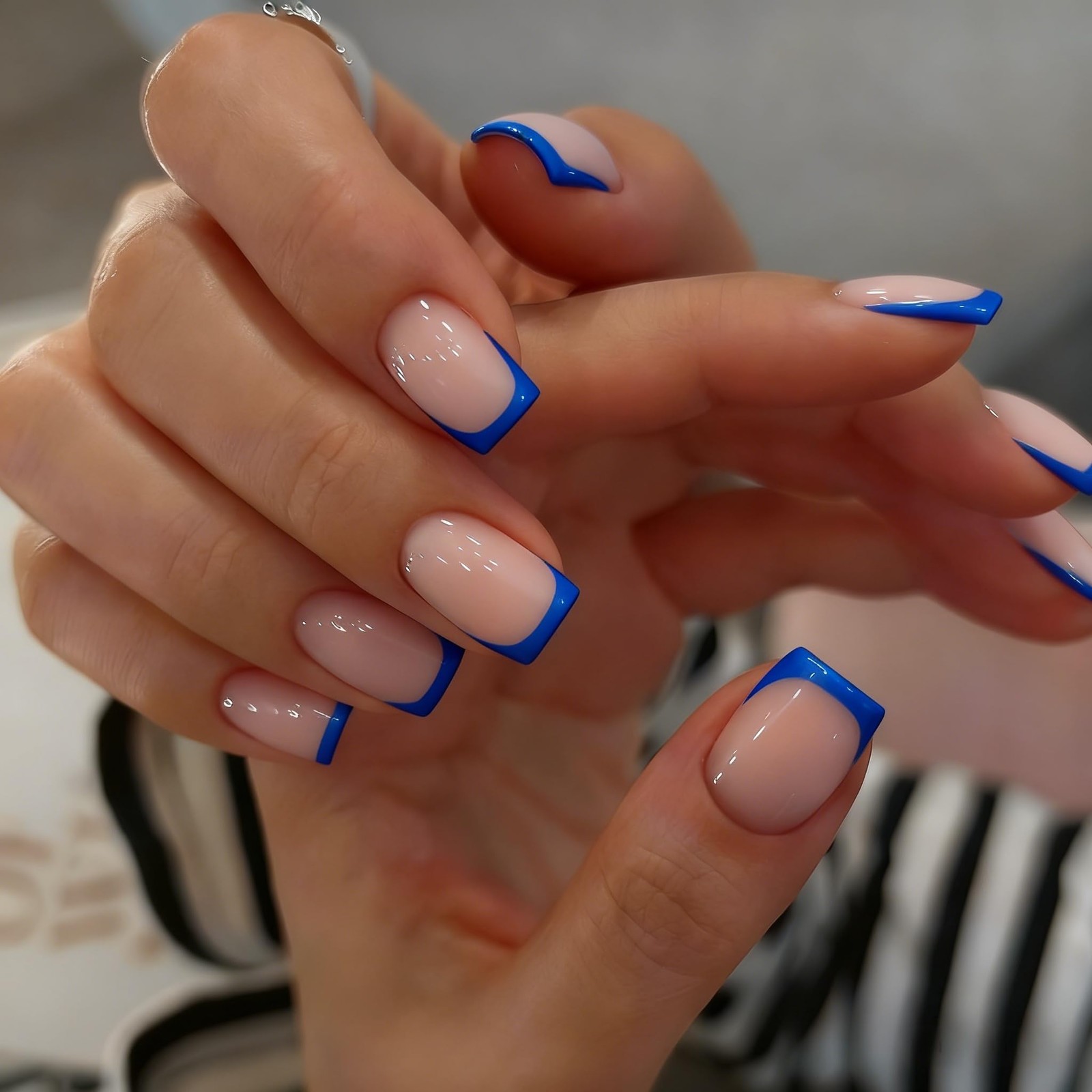 SXVME Press On Nails Short Square, Royal Blue French Tip Press On Nails with …