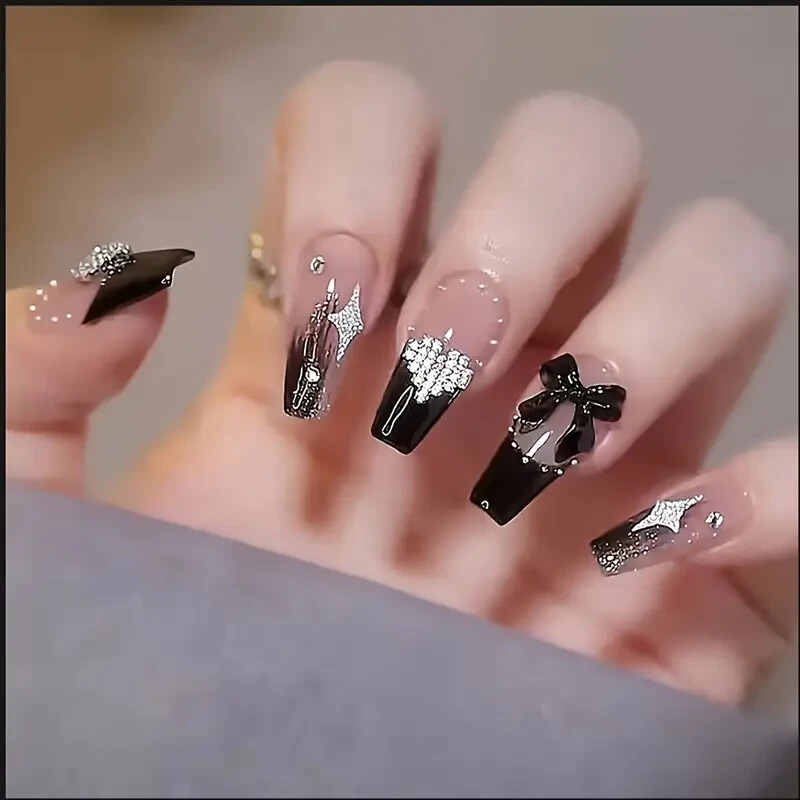 New – 3D Rhinestones Nails Full Cover Stick 24 pcs. ( Medium Length ) US