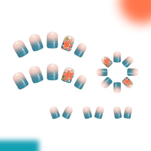 Blue Glitter Gradient Nails – Short Square – Fake Summer Nails – 11