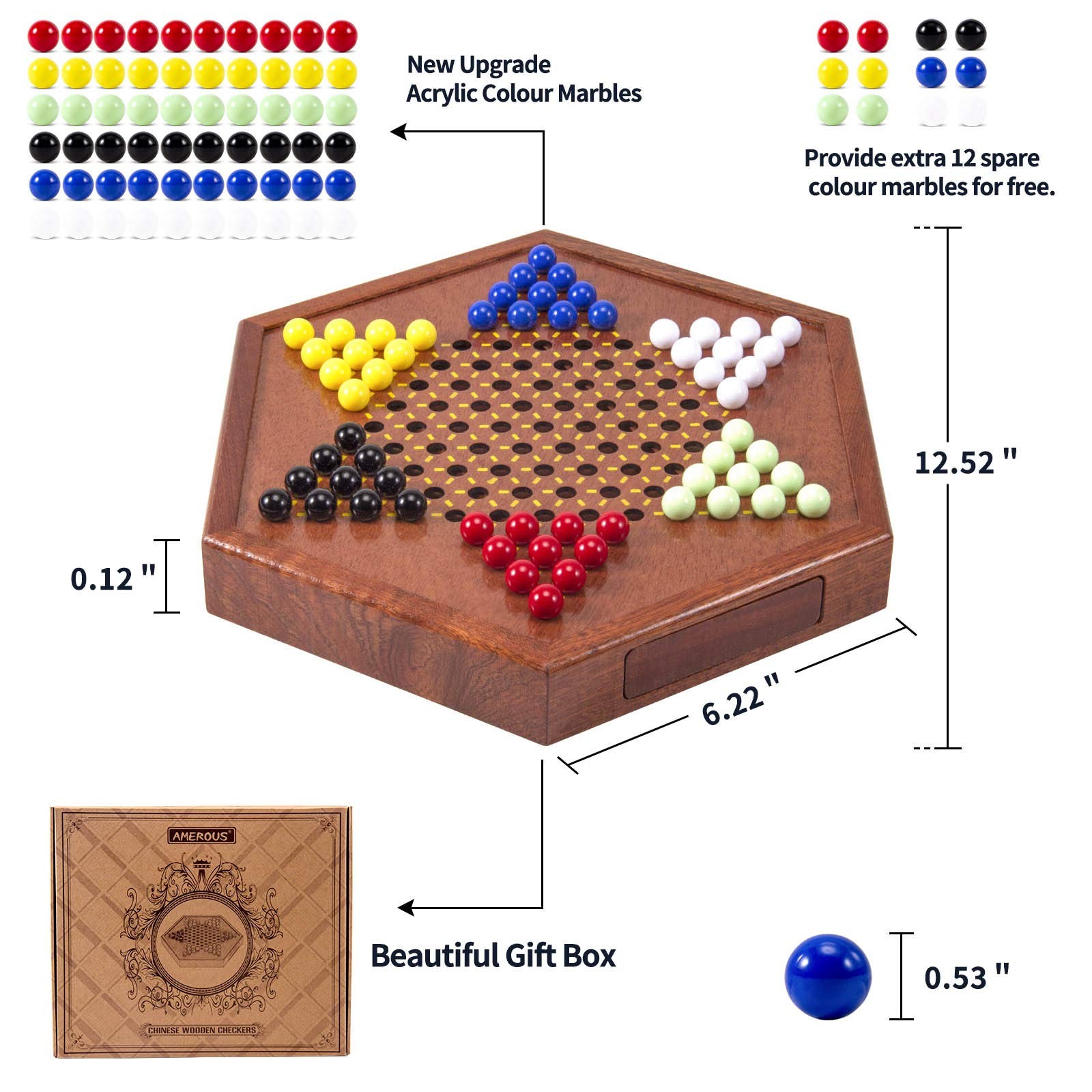 AMEROUS 12.5 inches Wooden Chinese Checkers x 10.86 x 1.49 inches, Blue