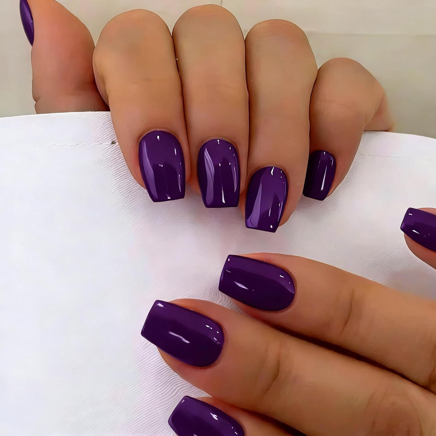 Press on Nails Short – Dark Purple Press on Nails Coffin with Glue, Glossy Simpl