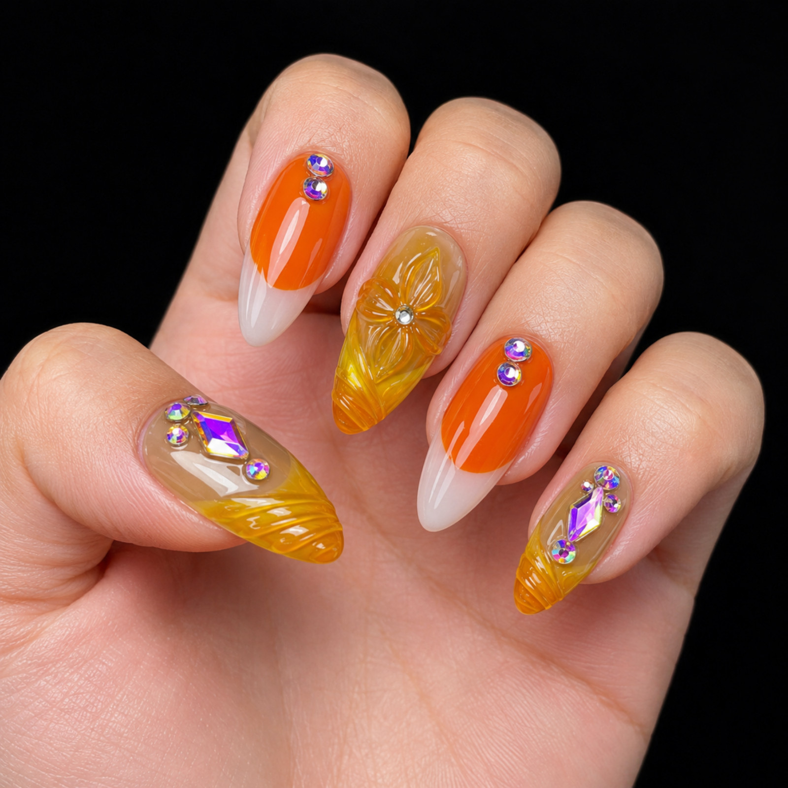 Handmade Orange Yellow 3D Floral Rhinestone Press On Nails Set