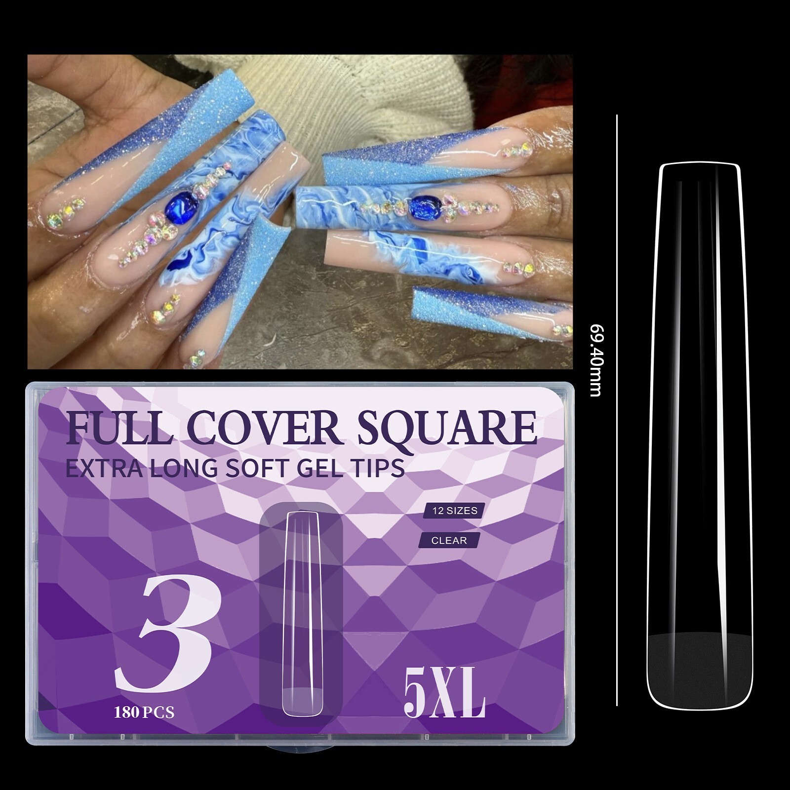 180pcs 5XL Extra Long Coffin/Stiletto/Square/Ballerina Soft Gel Nail Tips Clear