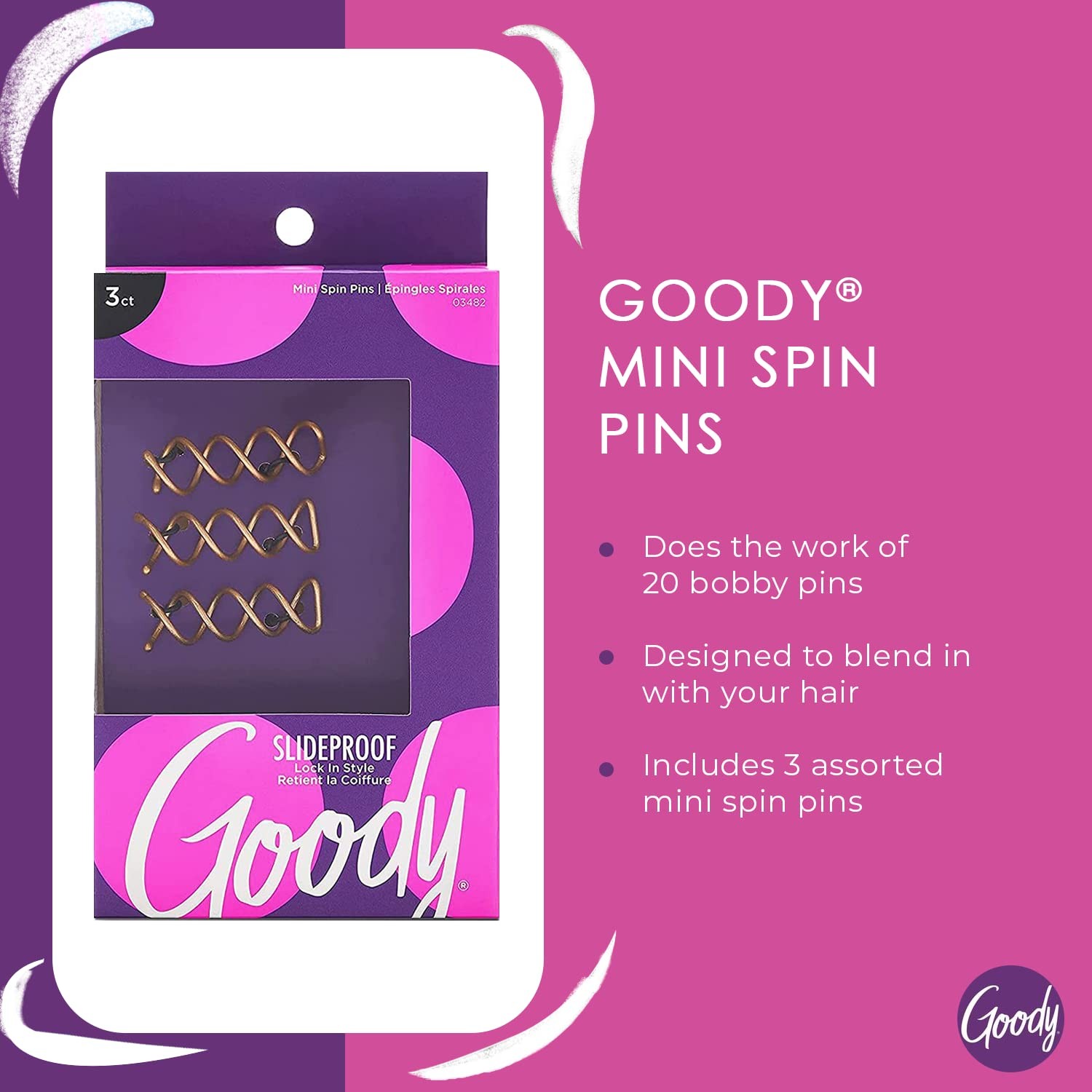 Goody SlideProof Mini Spin Pins – 3 Ct, 3 Count (Pack of 1), Assorted Colors