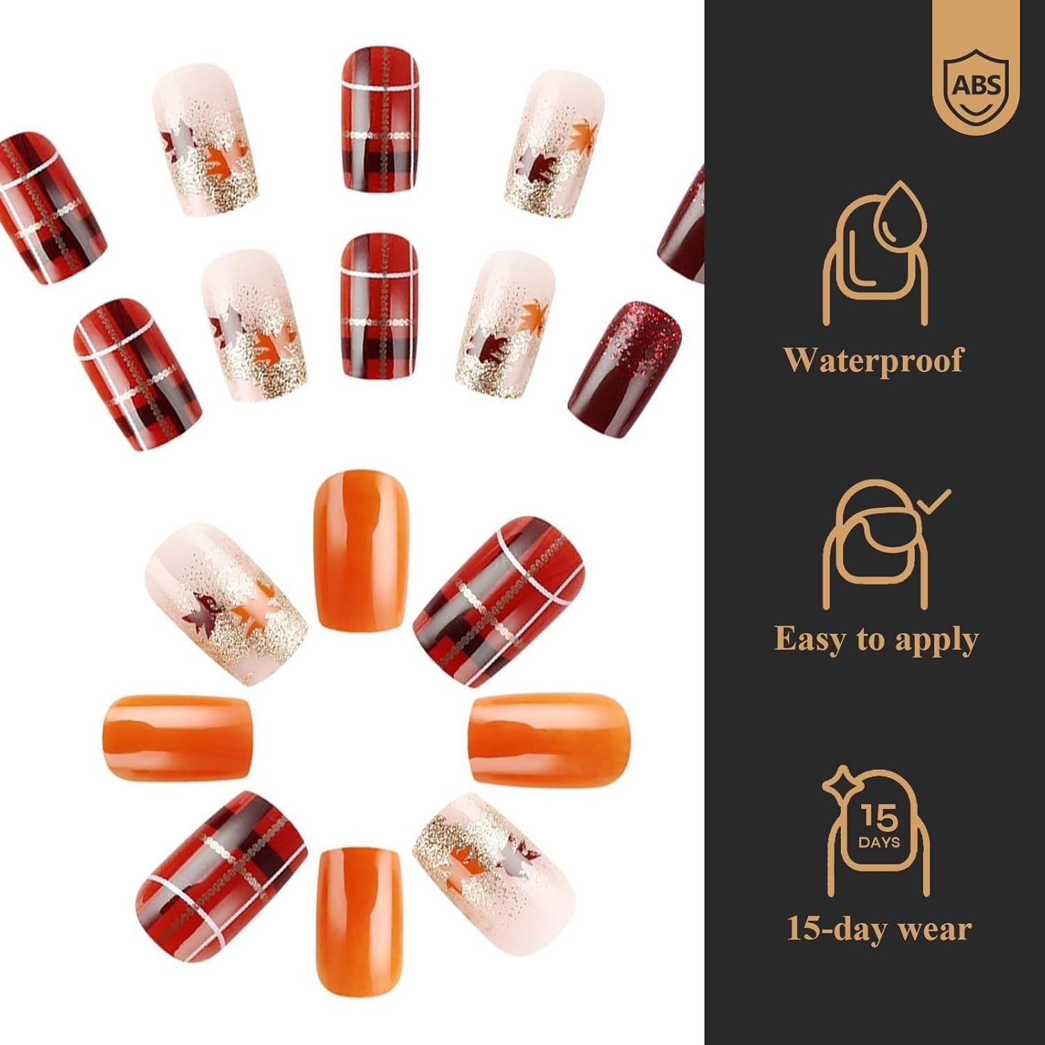 Press on Nails Fall Medium Maple Leaf Fake Nails Autumn Brown Plaid Square Gl…