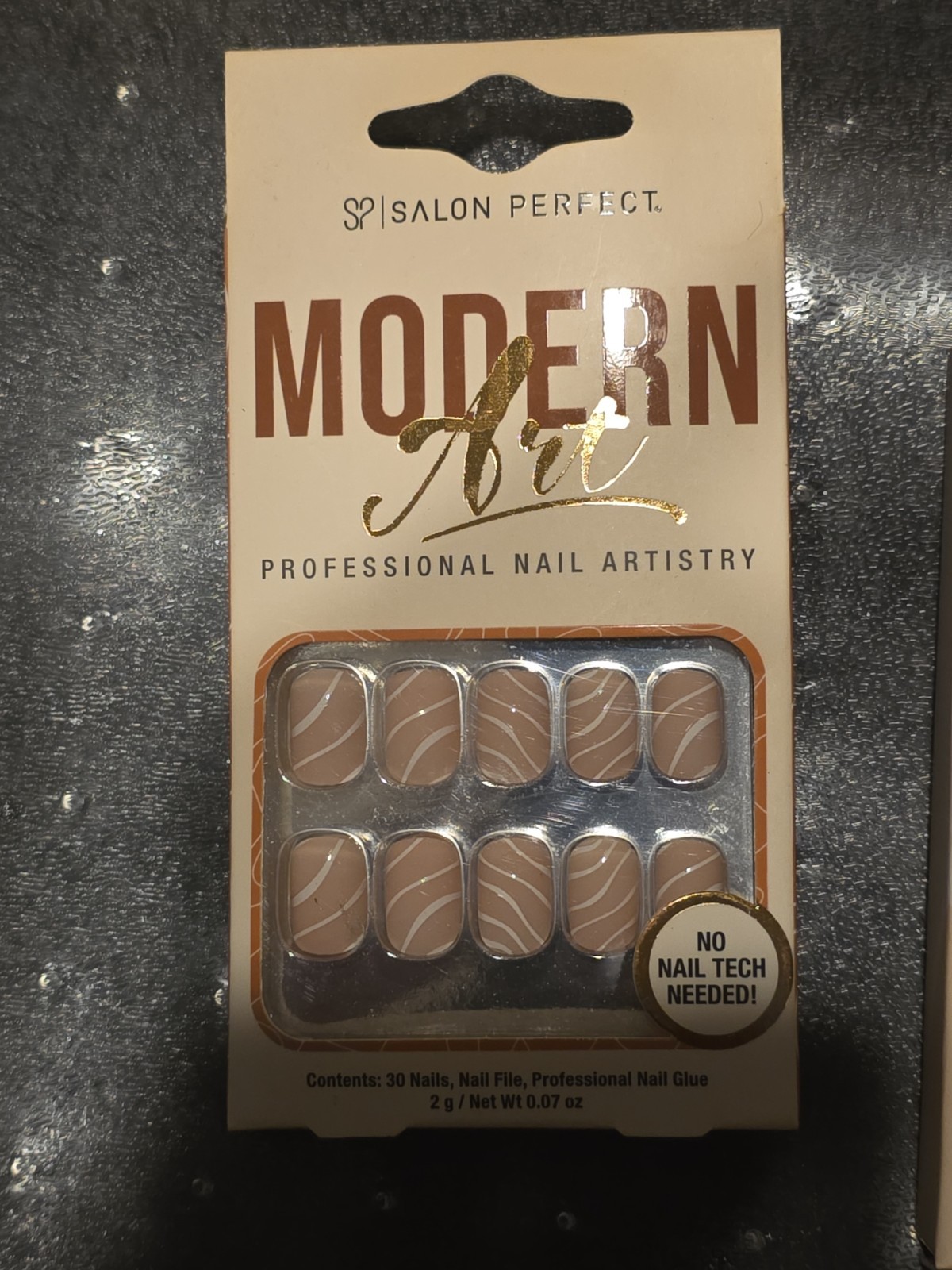 Salon Perfect 30 Nails Modern Art Short Square Matte Tan+White Wave Line Design
