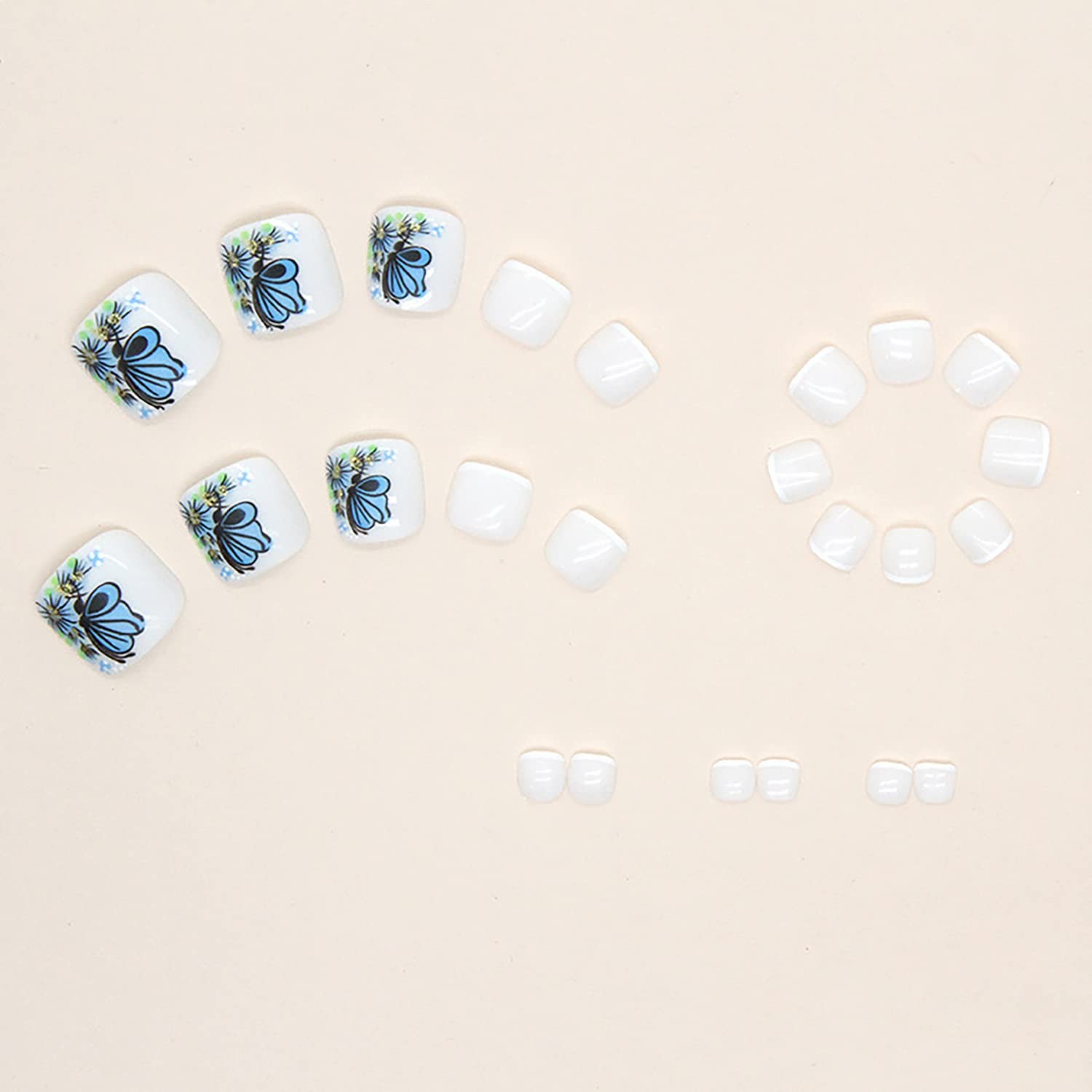Press on Toenails with Butterfly Designs, Square Full Cover Glossy Reusable F…