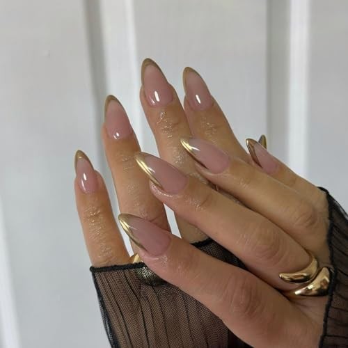 Chrome Gold French Tip Press on Nails Short Almond, Natural Nude almond gold