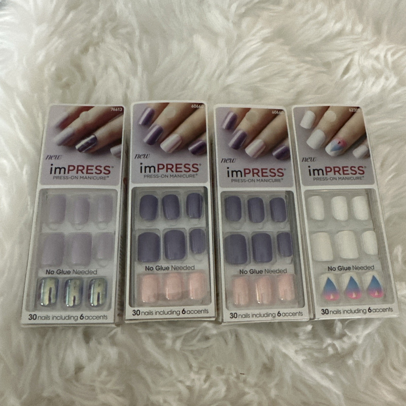 imPRESS Press on manicure Lot Of 4 Purple/Pink/White 30 Nails In Each Set