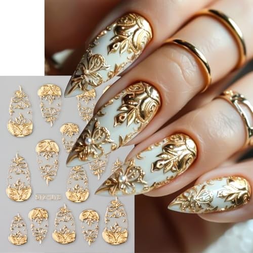 6 Sheets Nail Stickers 3D Nail Decals Bronzing Heart Metallic Love Leaf Gold