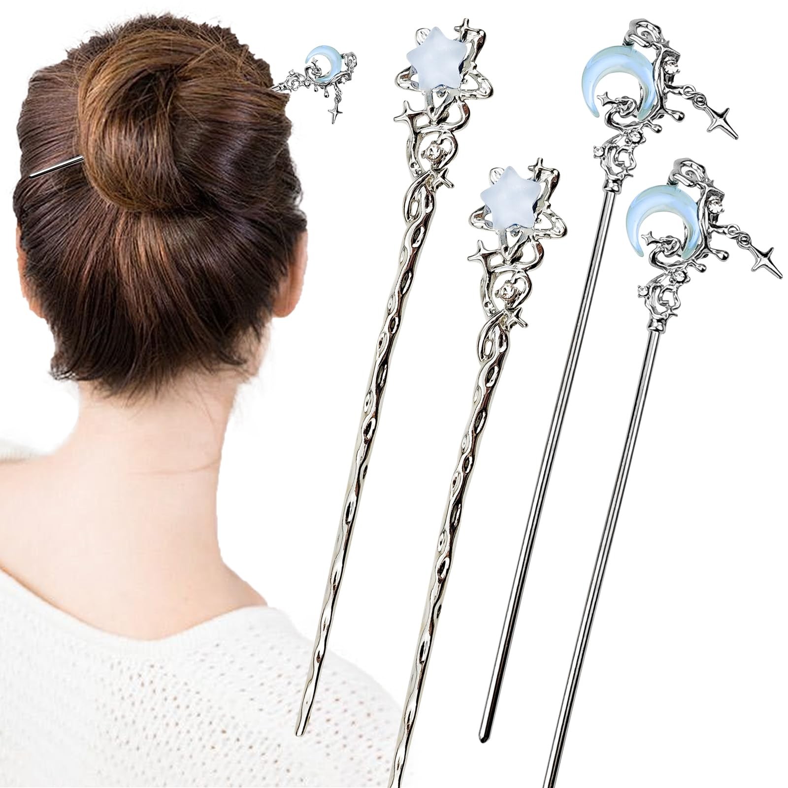 4PCS Star Moon Hair Sticks for Buns Long 1 Count (Pack of 4), Silver