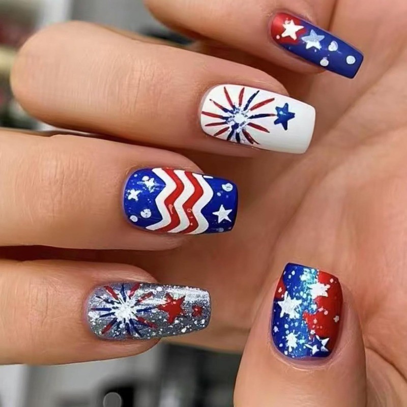48pcs-USA Themed Press on Nails with Fireworks, Chevron and Stars, Glossy Square