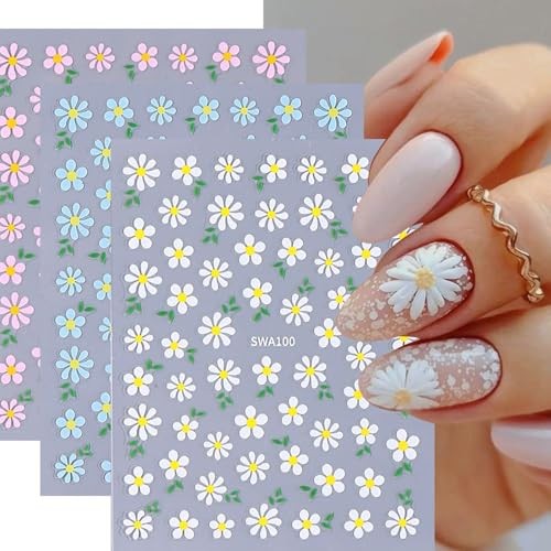 Nail Art Stickers – Small Floral Nail Decals 3D Self-Adhesive Nail White Daisy
