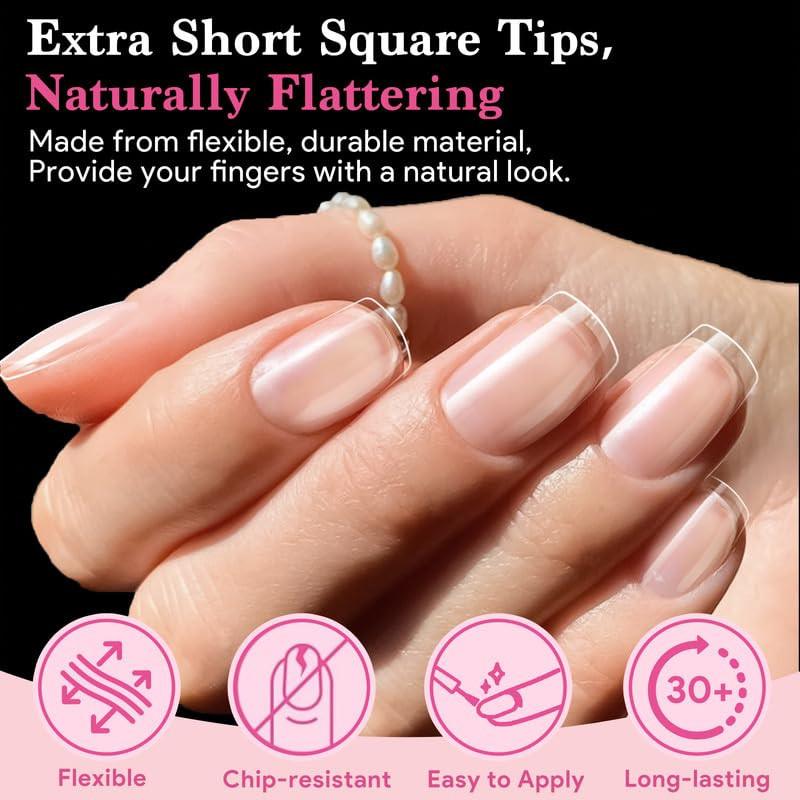 Extra Short Square False Nail Tips, 15 Sizes 510 PCS Clear French Press on Fake
