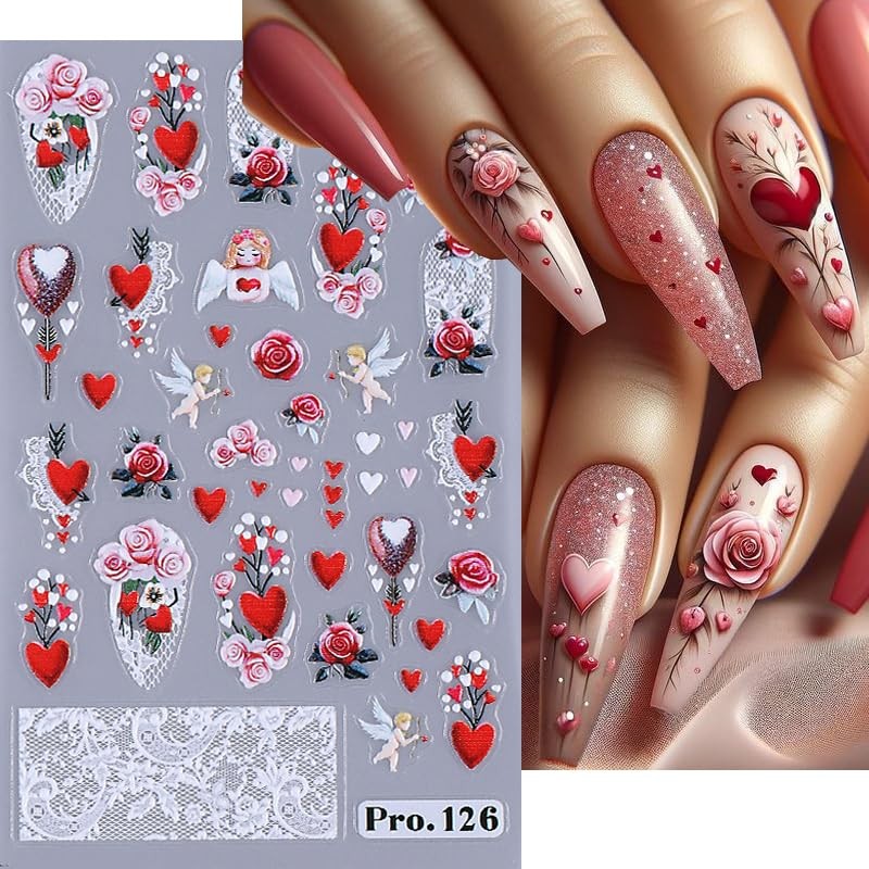 Valentine’s Day Nail Art Stickers Decals 5D Embossed Angel Heart Nail Style1